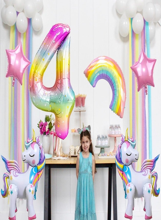 6 بالونات يونيكورن قائمة بذاتها، يونيكورن قائم بذاته، قوس قزح كبير، رقم 4 ملون، بالونات نجمة لحفلات عيد الميلاد الرابع للبنات باللونين البنفسجي والوردي. - Image 3